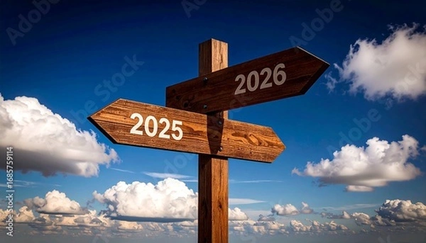 Fototapeta Wooden Signpost Marking the Years 2025 and 2026 Against a Bright Sky. AI Generative Illustration