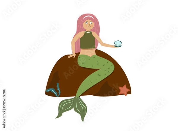 Fototapeta Mermaid sitting on a rock holding a shell with a pearl in it