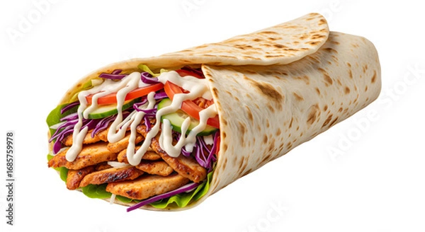 Fototapeta Appetizing shawarma with chicken, fresh vegetables and sauce in a fried flatbread. Ideal for menus, food delivery sites and culinary blogs.