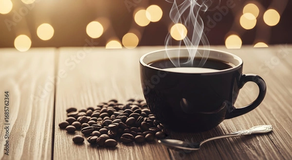 Obraz Steaming Coffee Mug with Beans and Bokeh Lights Backdrop