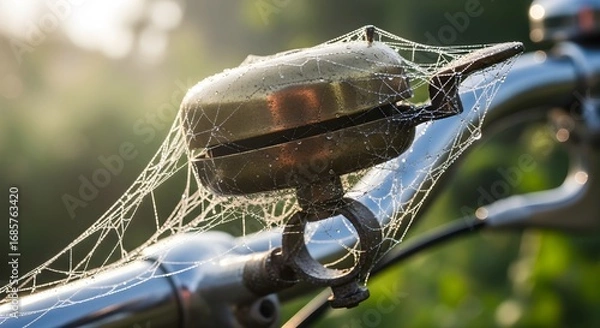 Fototapeta Dew-covered spiderweb glistens on a vintage bicycle bell at sunrise, symbolizing new beginnings and morning freshness.