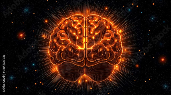 Fototapeta Vibrant, glowing brain illustration with radiant orange highlights against dark cosmic background, symbolizing intelligence and creativity