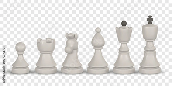 Fototapeta Chess Game Pieces Set in Realistic 3D Style with Transparent Background, Includes King, Queen, Bishop, Knight, Rook, and Pawn. Vector Illustration