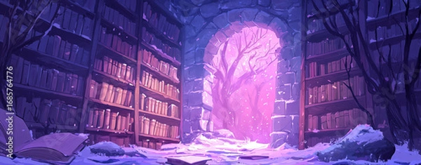 Fototapeta Mystical library with snow covered bookshelves and glowing portal, evoking sense of wonder and enchantment