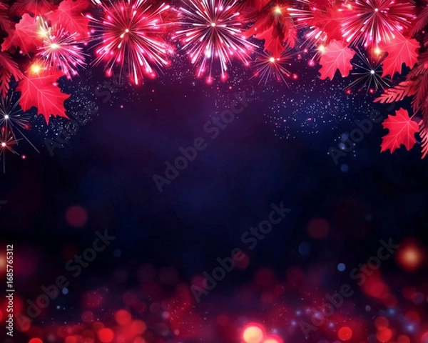Fototapeta Bright fireworks illuminate dark sky, surrounded by vibrant red leaves, creating festive atmosphere perfect for celebrations