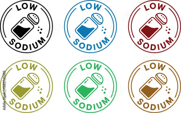 Fototapeta Set of colorful "Low Sodium" food labels featuring a salt shaker icon