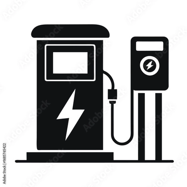 Obraz "Electric Vehicle Charging Station Icon – Black and White Vector Illustration Featuring Plug-In Unit, Display Screen, and Lightning Bolt Symbols – Representing Sustainable Transportation, Eco-Friendly