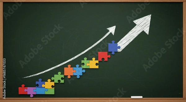 Fototapeta Strategic business growth represented by a puzzle arrow pointing upwards on chalkboard