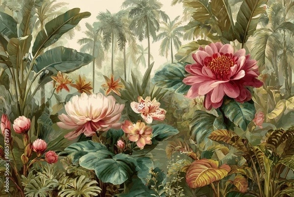 Fototapeta Mural wallpaper featuring lush tropical flower bushes with vibrant blooms and a serene backdrop of palm trees in a tropical landscape