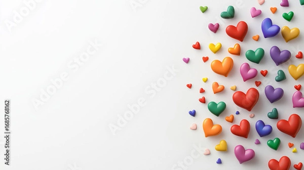 Fototapeta Colorful hearts scattered on white background create vibrant and joyful atmosphere, perfect for celebrating love and unity
