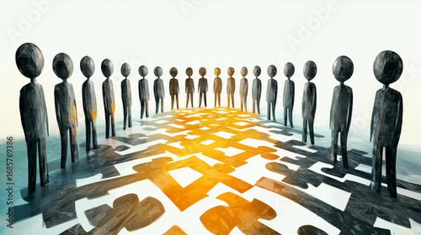 Fototapeta Stylized teamwork concept with abstract human figures creating puzzle like pattern, symbolizing collaboration and unity