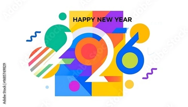 Fototapeta Colorful Abstract New Year 2026 Celebration Greeting with Geometric Patterns. AI Generative Illustration