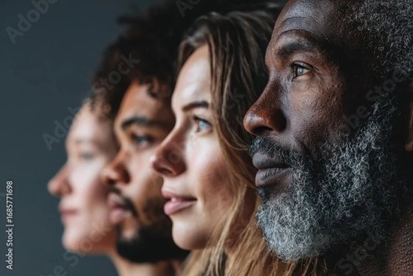 Fototapeta Diverse group of people in side profile showcasing unique features and expressions in a thoughtful moment of togetherness and understanding