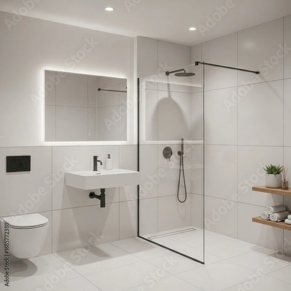 Obraz Modern Minimalist Bathroom Interior Design with White Tiles, Matte Black Fixtures, Wall-Mounted Toilet, Floating Sink, Walk-in Shower, Backlit Mirror, and Wooden Shelving
