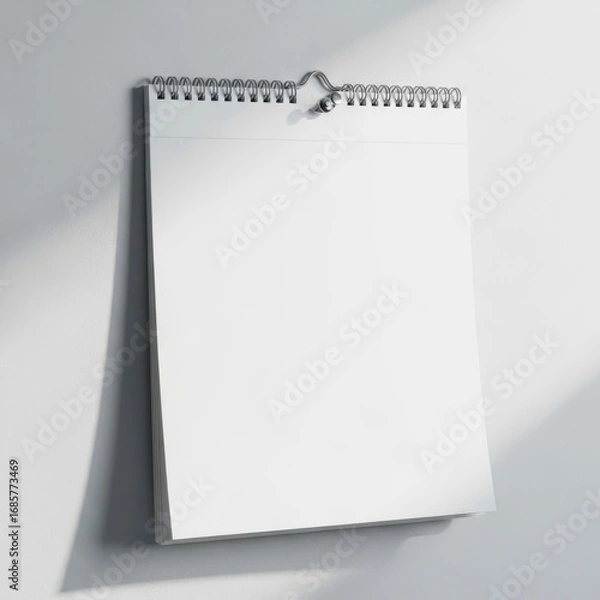 Fototapeta Blank spiral bound calendar page hanging on a wall with soft shadows isolated on white background