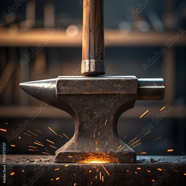 Fototapeta Close-Up of Metal Hammer and Anvil – Blacksmith Tools in Action