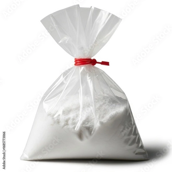 Fototapeta A clear plastic bag filled with white powder tied with a red twist tie isolated on white background
