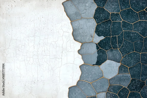 Fototapeta Abstract blue and grey artwork featuring cracked textures with golden accents, creating striking visual contrast