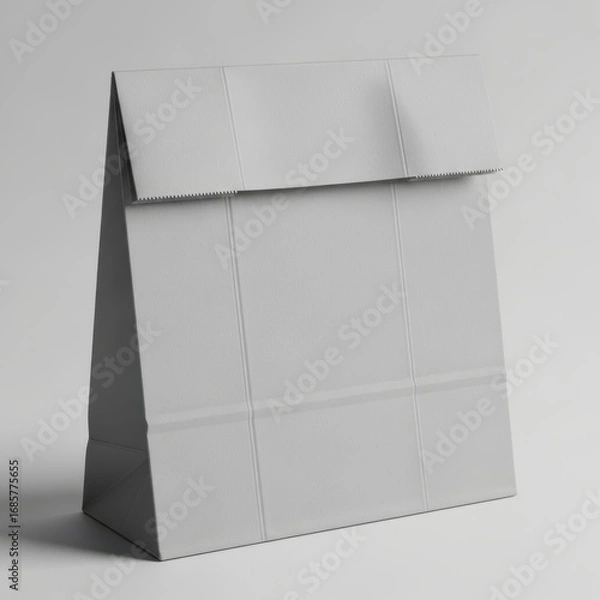 Fototapeta A simple gray paper lunch bag with a folded top stands upright isolated on a clean white background isolated on white background
