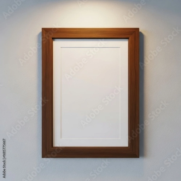 Fototapeta A simple wooden picture frame with a blank white insert illuminated by a spotlight isolated on white background