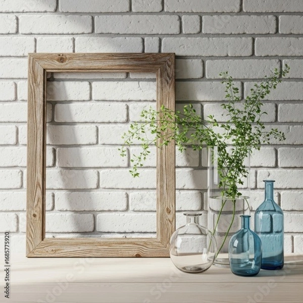 Fototapeta Rustic wooden picture frame and delicate glass vases with greenery isolated on white background