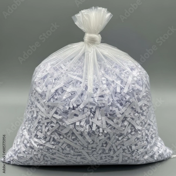 Fototapeta Full clear plastic bag filled with shredded paper material tied at the top isolated on white background