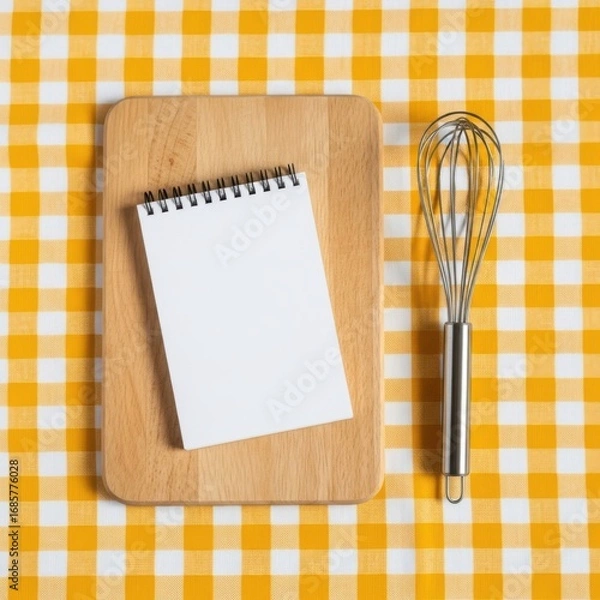 Fototapeta A wooden cutting board with a blank spiral notebook and a metal whisk isolated on white background