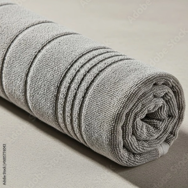 Fototapeta Rolled up textured towel with subtle stripes in muted green and grey tones isolated on white background