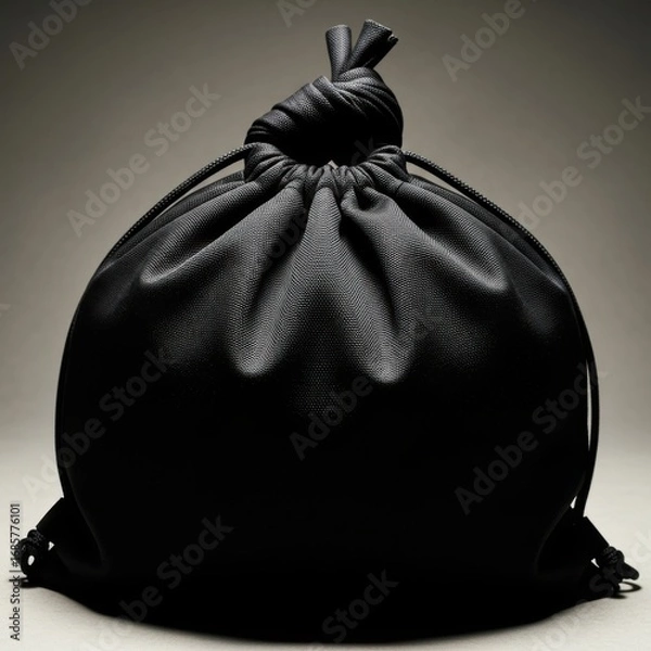 Fototapeta Antique black leather drawstring pouch with intricate pleating and knotted closure isolated on white background