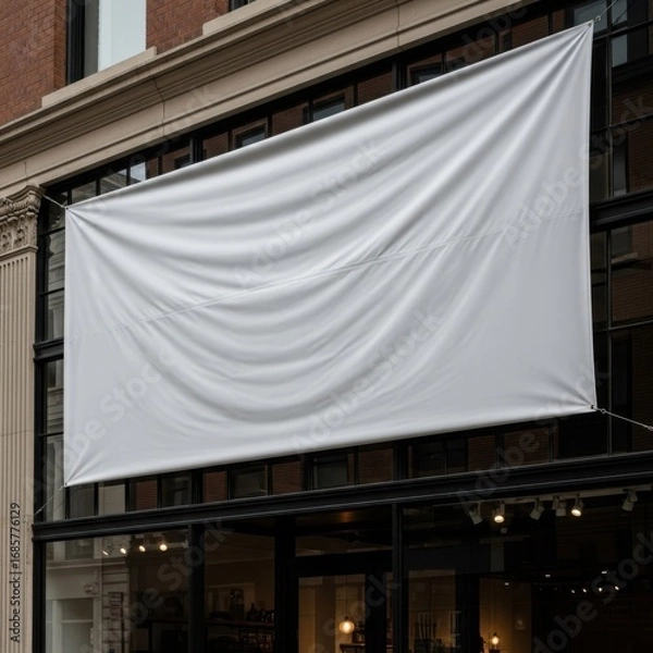 Fototapeta Blank white fabric banner hanging above a storefront window display isolated on white background