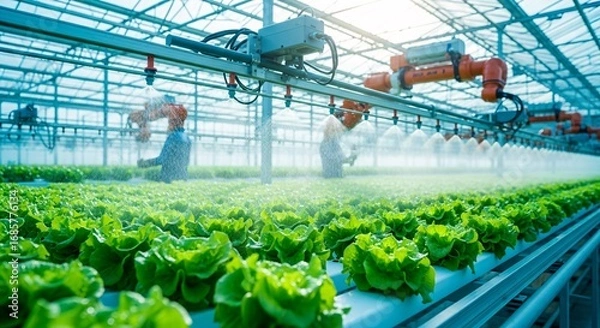 Fototapeta Automated Robotic Arm Watering Lettuce in Greenhouse Agriculture Innovation for Fresh Produce