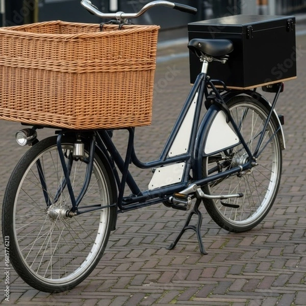 Fototapeta Classic dutch bicycle with large wicker front basket and rear cargo box isolated on white background