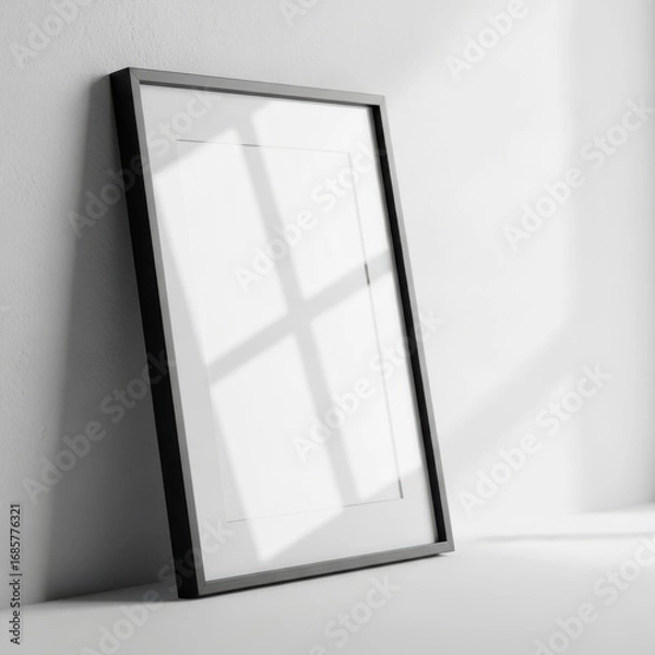Fototapeta A sleek black framed empty picture frame leans against a textured wall isolated on white background