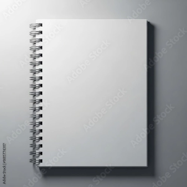 Fototapeta A blank white spiral bound notebook with a metal coil binding is presented isolated on white background