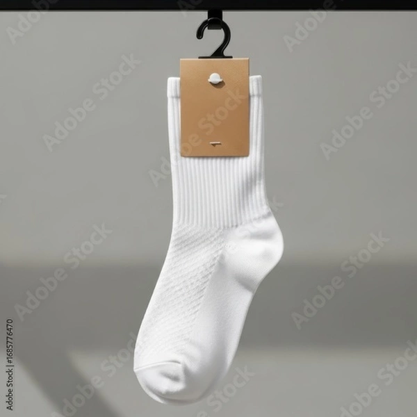 Fototapeta A single white sock with a brown tag hangs from a black hook isolated on white background