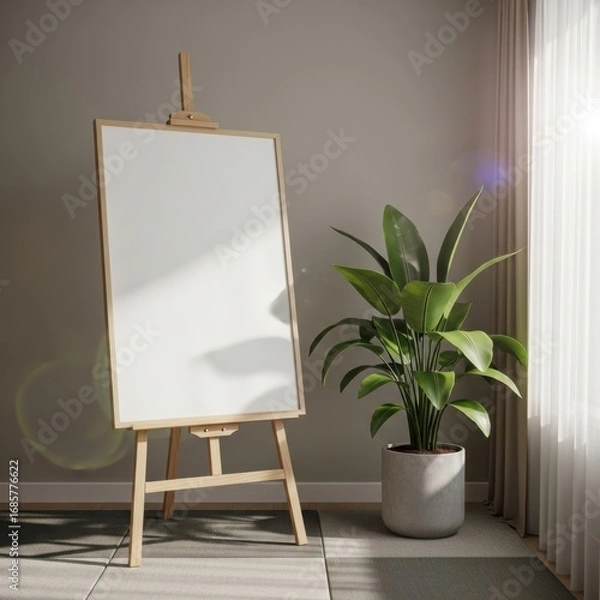 Fototapeta Empty canvas on wooden easel with potted plant and sunlight streaming through window isolated on white background