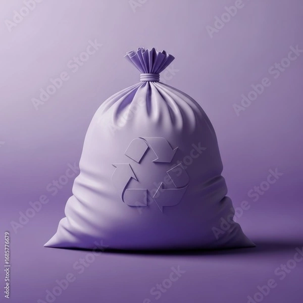 Fototapeta A single purple garbage bag with a recycling symbol embossed on its surface isolated on white background