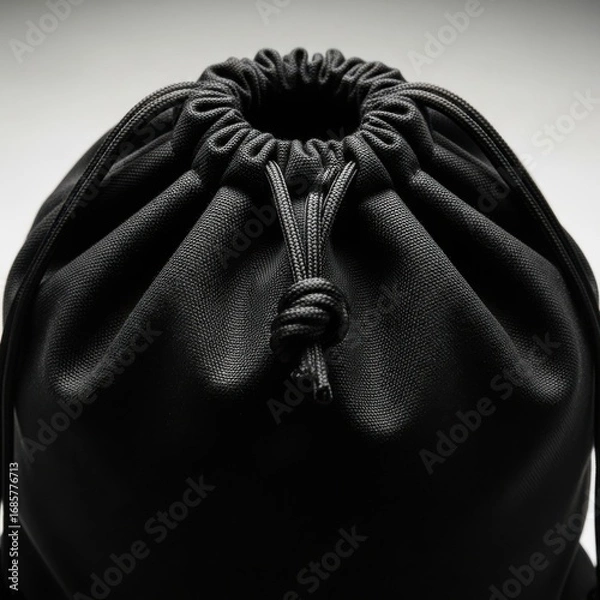 Fototapeta Close up of a textured black drawstring bag with its top cinched closed and a knot isolated on white background