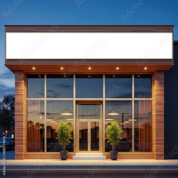 Fototapeta Modern commercial building facade with large glass windows and blank signage isolated on white background