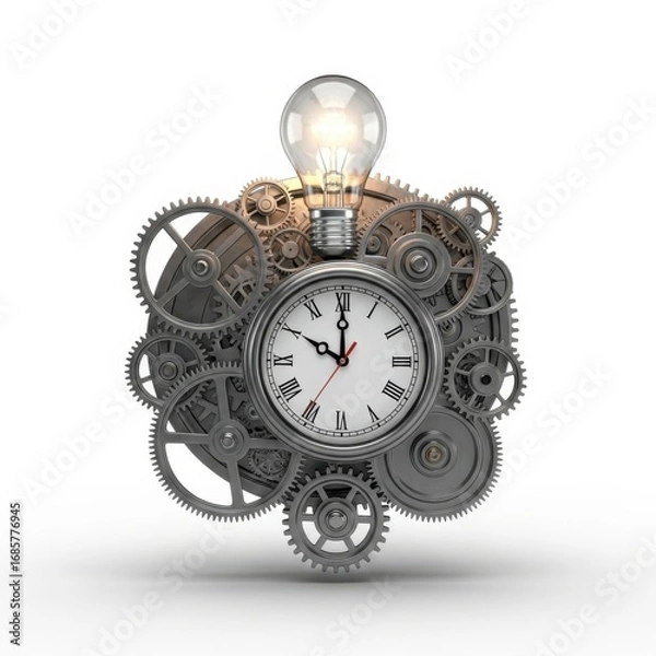 Fototapeta Steampunk clockwork mechanism with illuminated light bulb symbolizing innovation and time isolated on white background