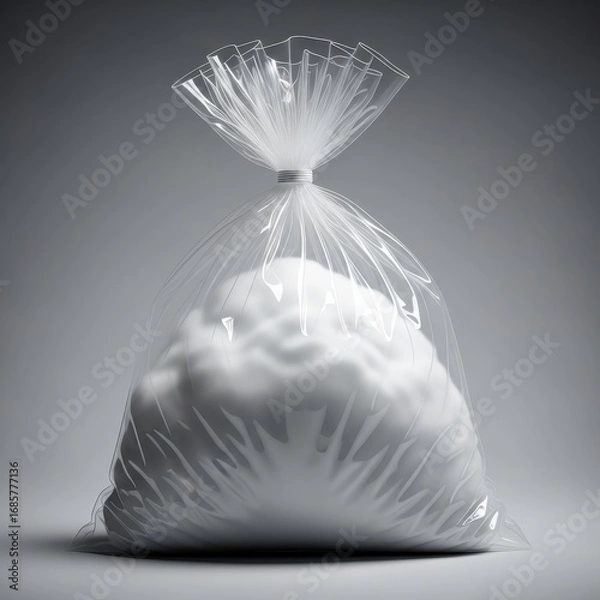 Fototapeta A clear plastic bag filled with fluffy white material tied at the top and isolated on white background