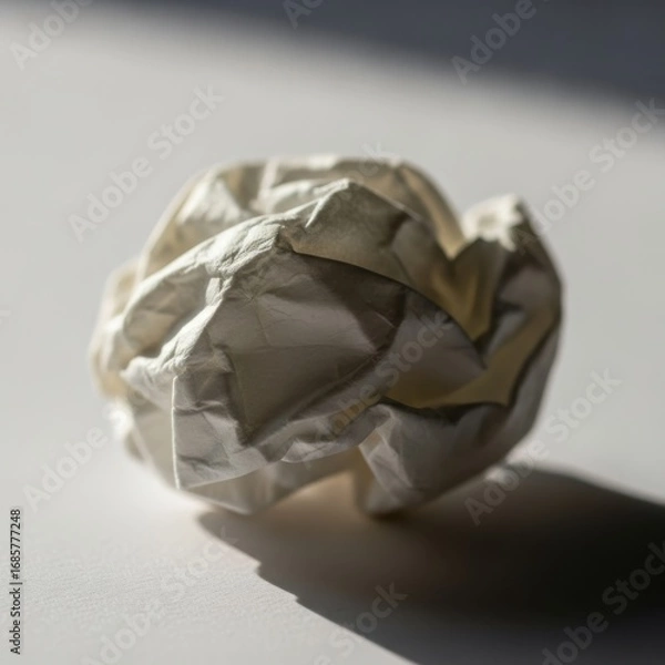 Fototapeta A single crumpled piece of white paper ball casting a shadow on a plain surface isolated on white background