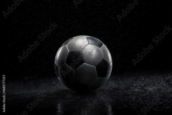 Fototapeta Striking view of a wet soccer ball illuminated against a dark background during a late-night football practice session