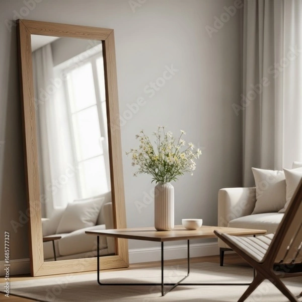 Fototapeta A tall rectangular floor mirror with a light wood frame stands elegantly in a softly lit room isolated on white background
