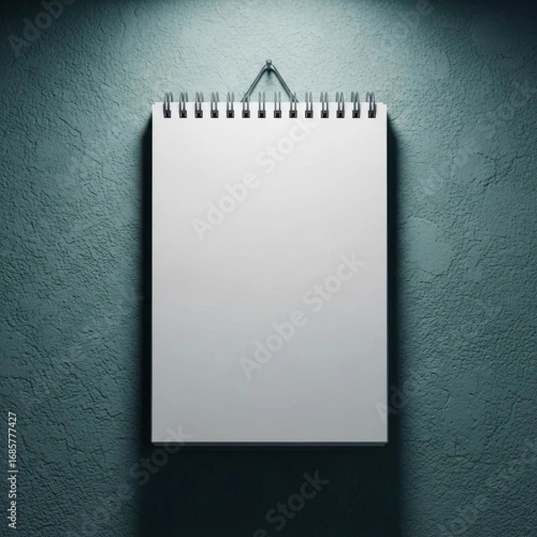 Fototapeta Blank spiral bound notebook hanging on a textured wall under a spotlight isolated on white background