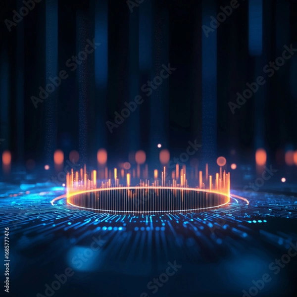 Fototapeta Futuristic digital landscape featuring glowing circular patterns and vibrant sound waves, creating mesmerizing visual experience