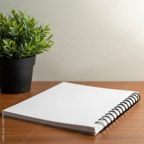 Fototapeta A blank spiral bound notebook lies open on a wooden desk next to a potted green plant isolated on white background