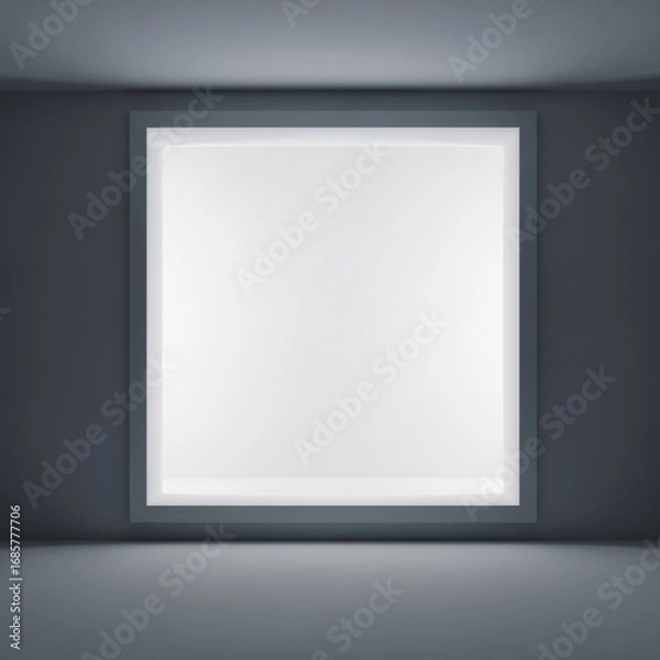 Fototapeta A bright white square light panel glows within a dark minimalist room isolated on white background