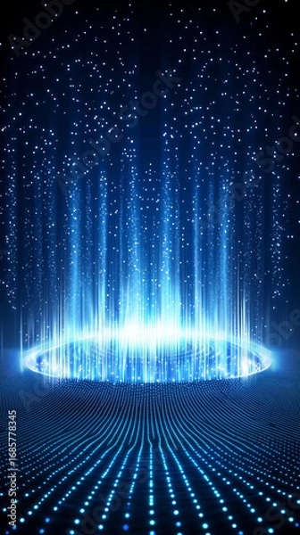 Fototapeta Futuristic digital music equalizer with glowing blue lights and sparkling stars creates mesmerizing atmosphere