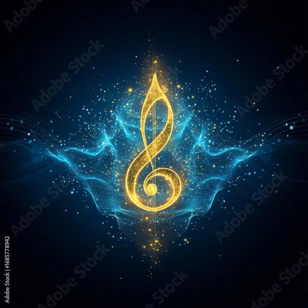 Fototapeta Glowing treble clef surrounded by vibrant sound waves and sparkling particles creates mesmerizing visual experience